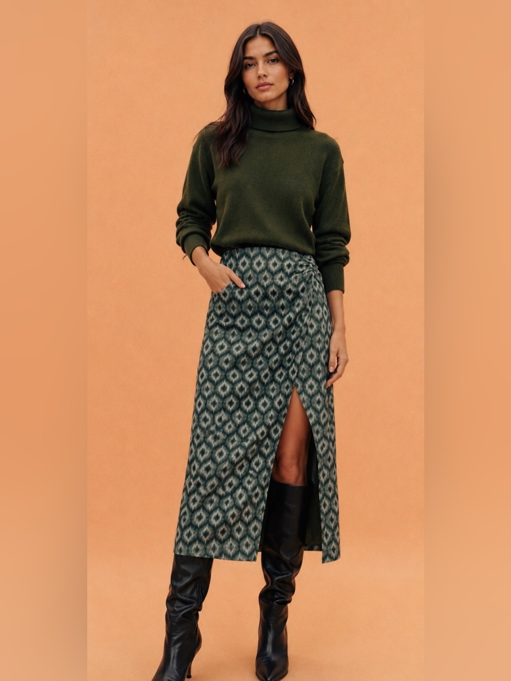 Two piece matching set from Zara Wrap Maxi Skirt in Green Multi with sweater